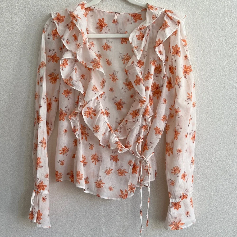 FREE PEOPLE Amanda Ruffle Top Blouse Ivory Orange Floral Women's Size M
